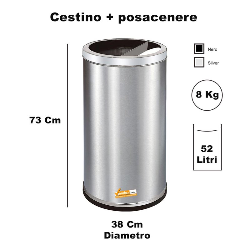 Posacenere da esterno con cestino rotondo da 10 litri, Nero o Acciaio