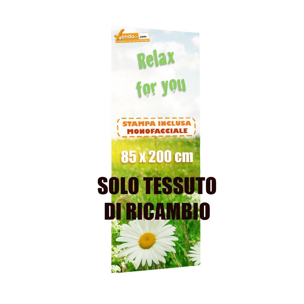 TESSUTO DI RICAMBIO STAMPA INCLUSA PER TOTEM BANNER 85X200 TIPO ROLL UP POP UP