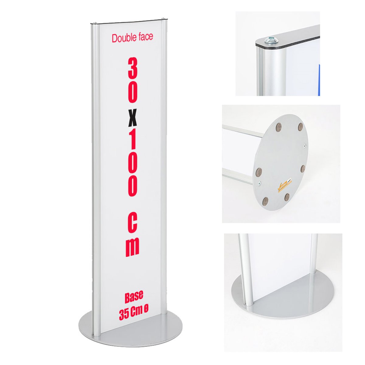 TOTEM ESPOSITORE 30X100 CM MONOFACCIALE/BIFACCIALE IN ALLUMINIO E PANNELLO FOREX INTERCAMBIABILE